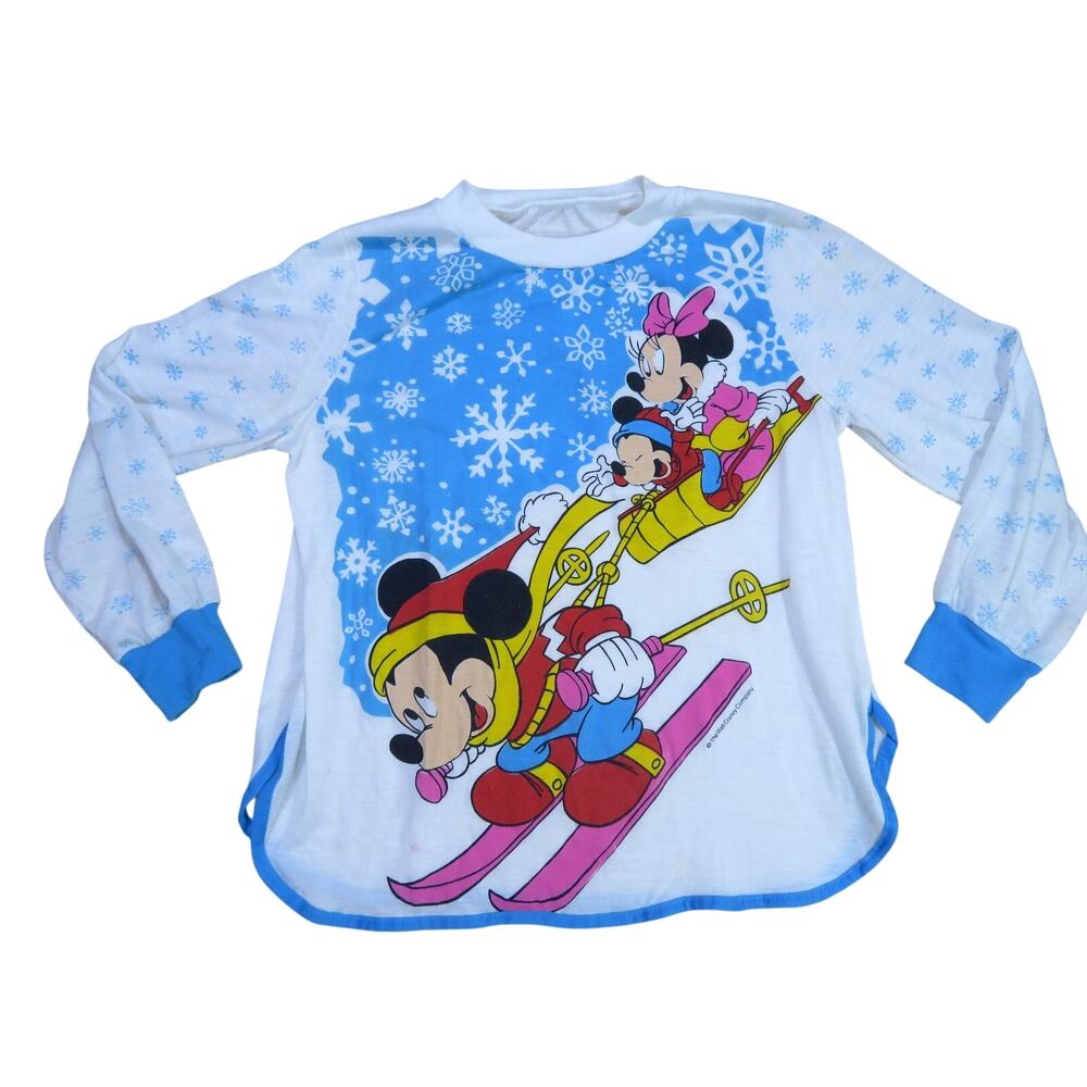 Mickey and Minnie Mouse Sled Skiing Snow Graphic Sleeper Shirt White 1980s